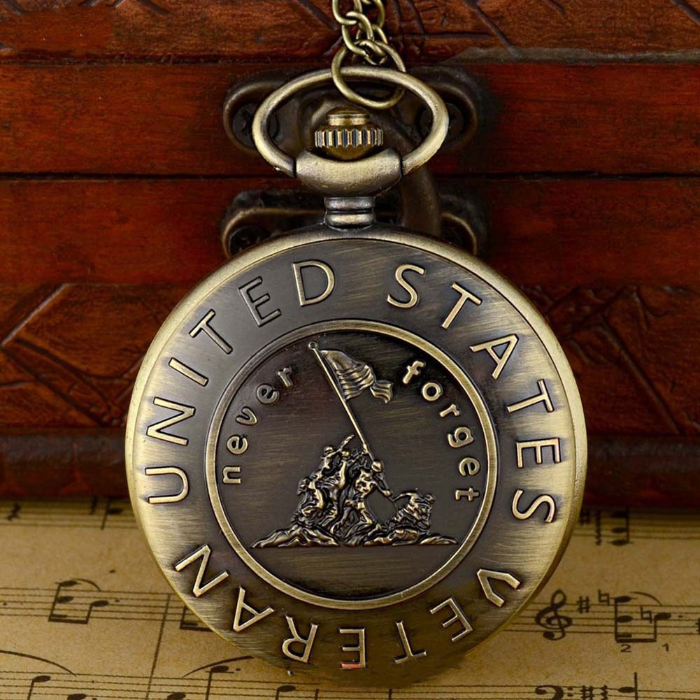 Vintage US Veteran Army Bronze Pocket Watch Quartz Necklace Pendant Antique Gift