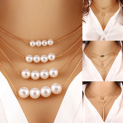 Women Multilayer Faux Pearl Rhinestone Pendant Choker Chain Necklace Jewelry