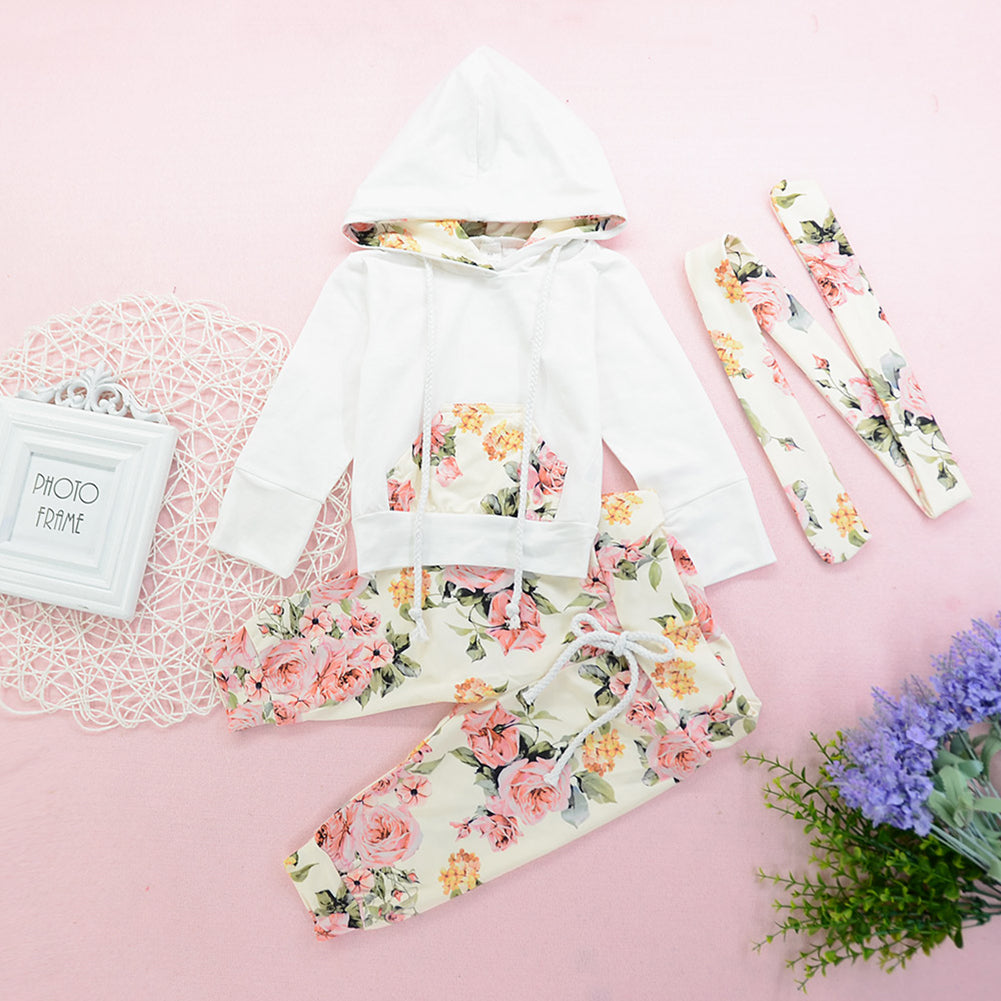 Baby Girl Infant Flower Pattern Long Sleeve Hoodie Pants Hairband Outfit Set