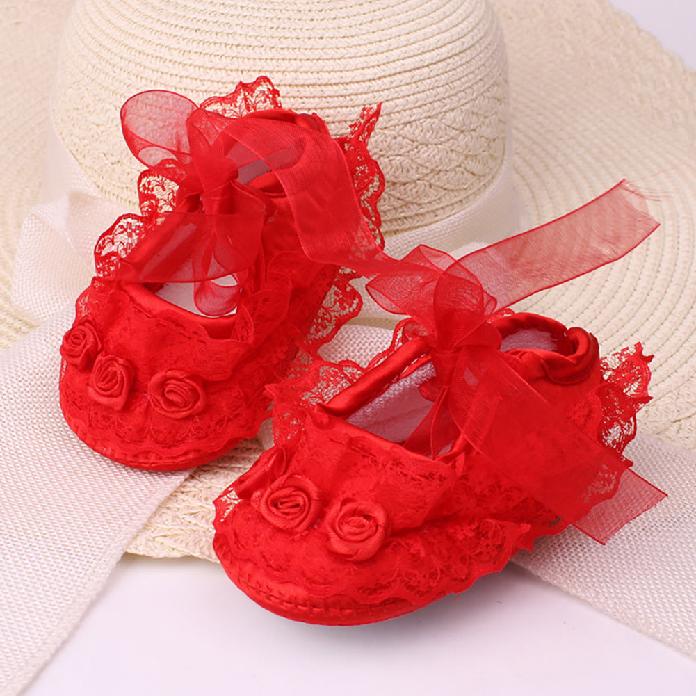 Cotton Princess Girl Shoes Anti-Slip Soft Sole Baby Toddler Lace Flower Footwear