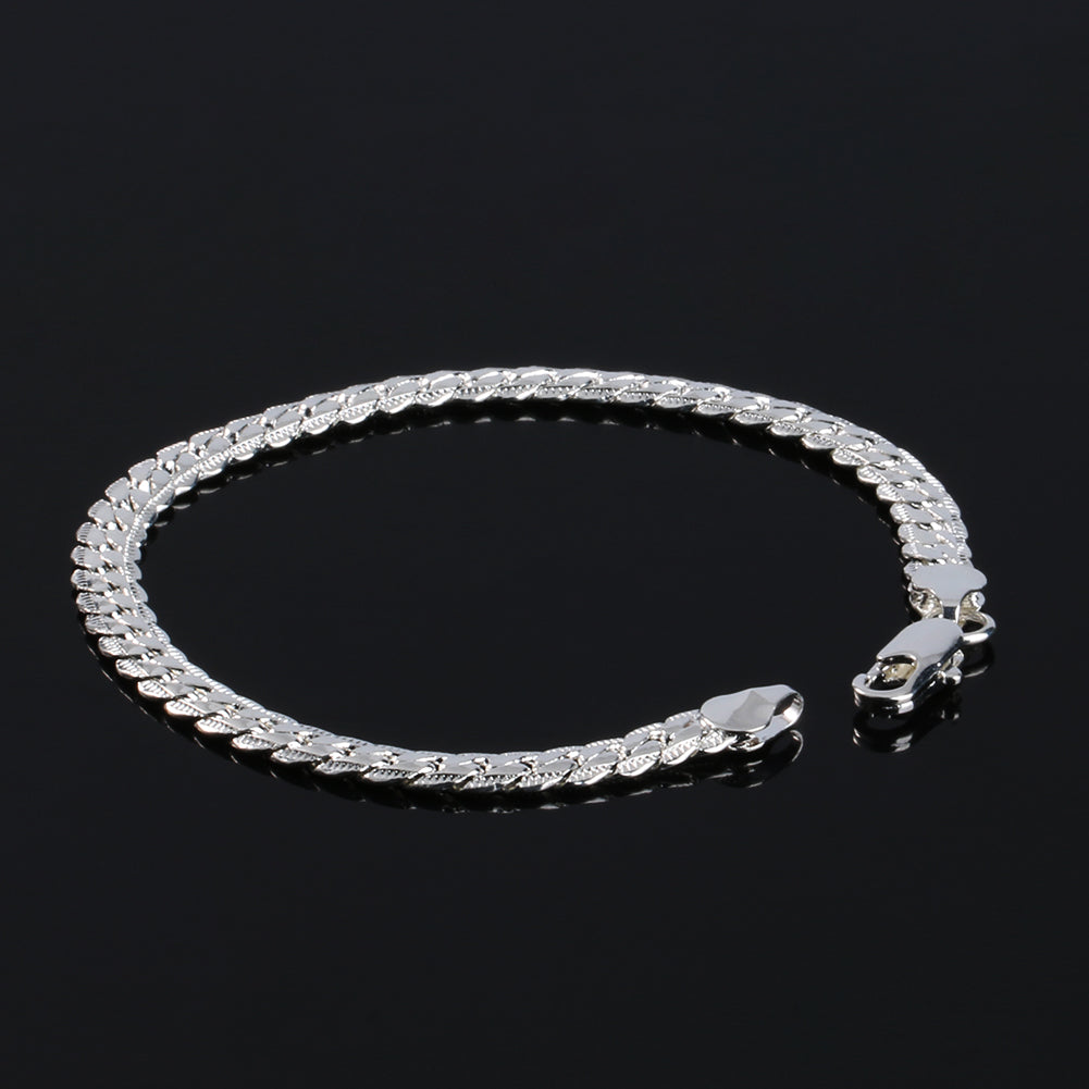 Fashion Men's Flat Curb Silver Plated Chain Simple Design Bracelet Jewelry Gift