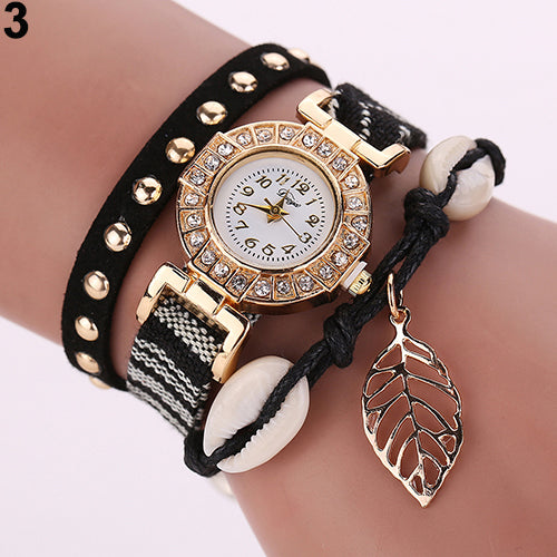 Women's Inlaid Rhinestone Leaf Shell Rivet Faux Leather Braided Band Wrist Watch