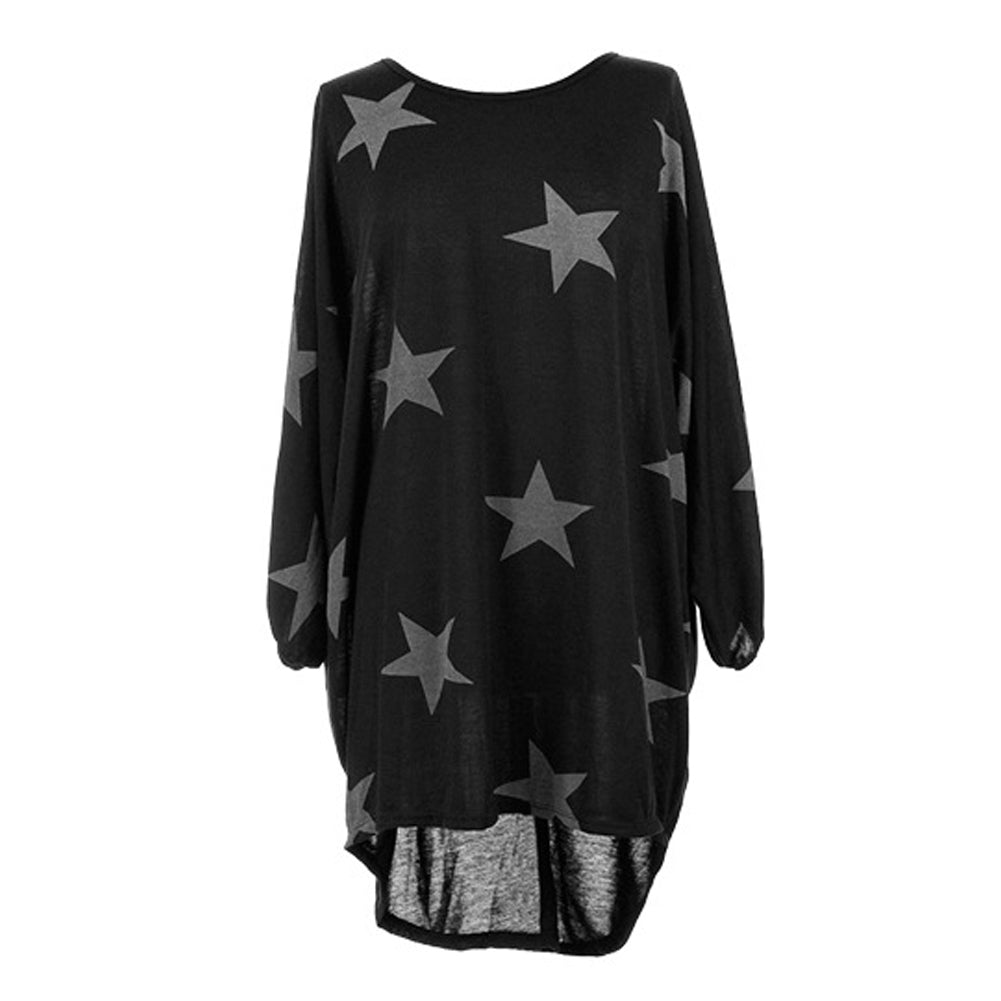 Stars Print Long Sleeve Round Neck Women Spring Loose Long T-shirt Top Dress