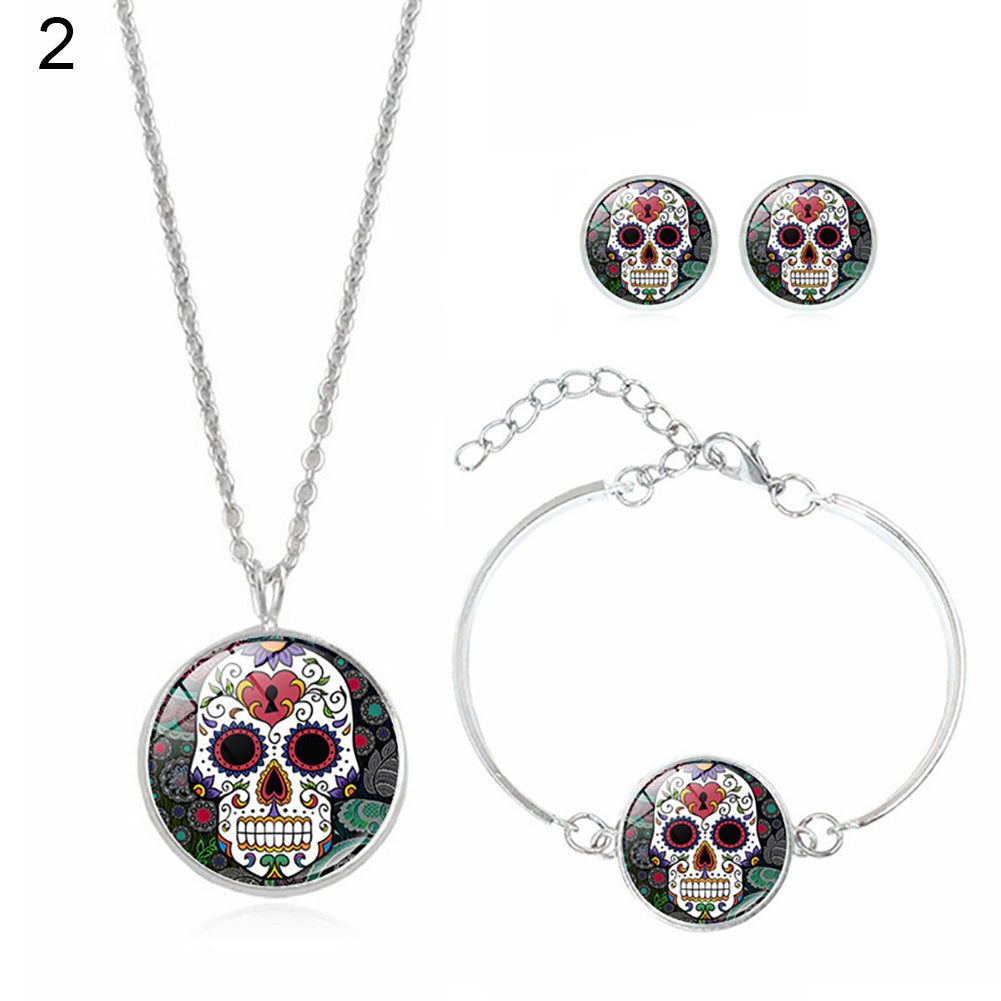 Fashion Women Skull Rose Earrings Necklace Bracelet Halloween Accessories Set