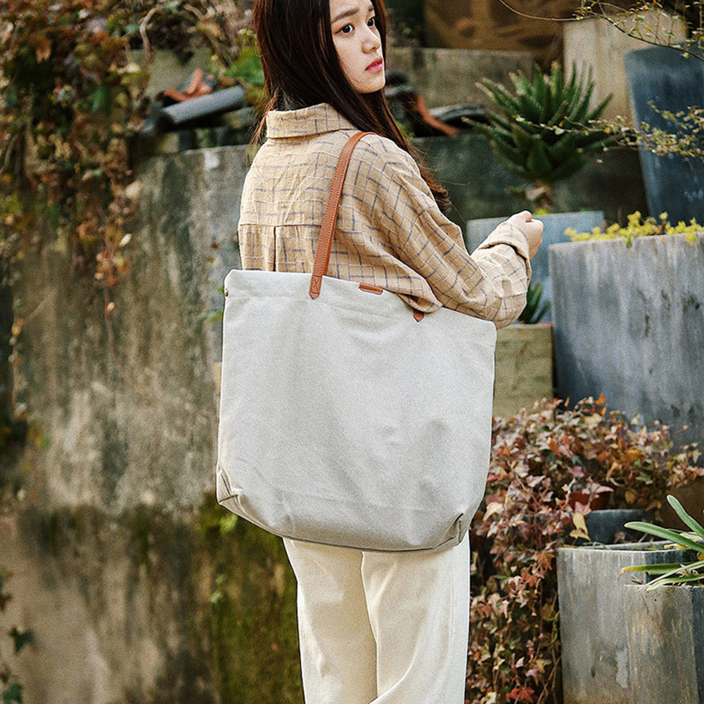 Faux Leather Strap Canvas Bag Shopping Travel Large Capacity Shoulder Handbag