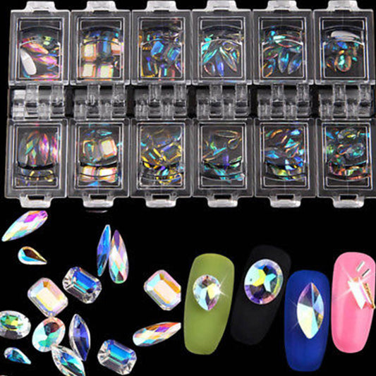 12 Boxes 3D Nail Art Colorful Clear Faceted Mixed Size Nails Tips Decals Decor