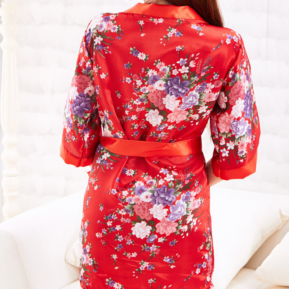 Sexy Floral Kimono Sleepwear Lady Deep V Three Point Underwear Pajama Nightdress