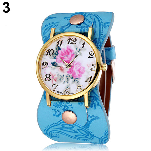 Women's Arabic Numerals Peony Floral Dial Wide Faux Leather Bracelet Wrist Watch