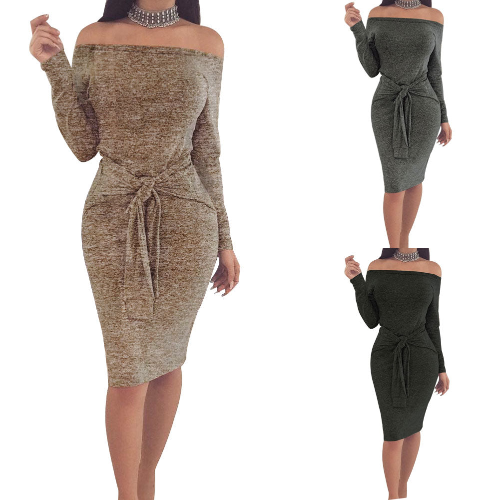 Women Off-Shoulder Long Sleeve Autumn Winter Sexy Bodycon Evening Party Dress