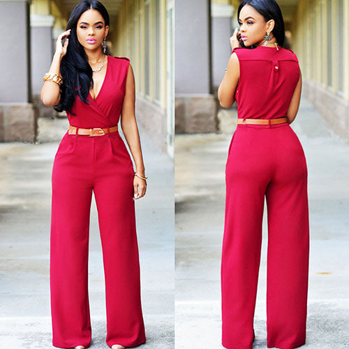 Women Sleeveless V-Neck High Waist Wide Leg Romper Pants Jumpsuit with Belt