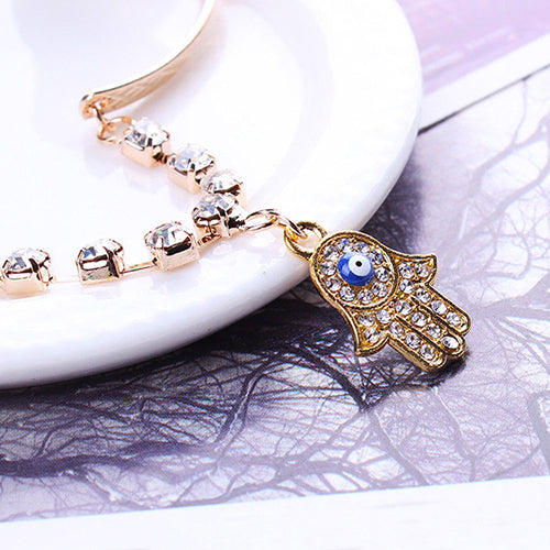 Women Hamsa Fatima Hand Pendant Good Luck Shiny Rhinestone Bracelet Jewelry