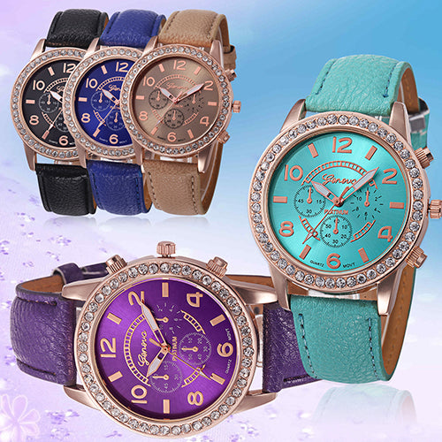 Fashion Women Geneva Rhinestone Big Dial Faux Leather Analog Wrist Watch Gifts