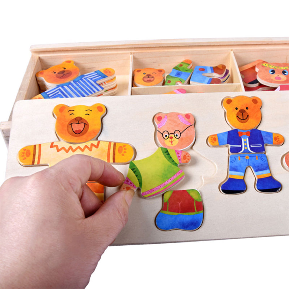 Wooden Baby Bear Changing Clothes Puzzle Set Children Kids Educational Toys Gift