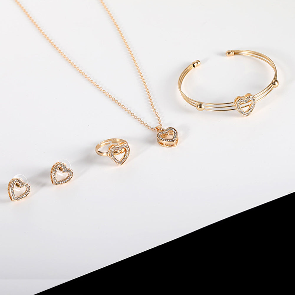 Women Hollow Heart Necklace Earrings Opening Bangle Ring Love Gift Jewelry Set