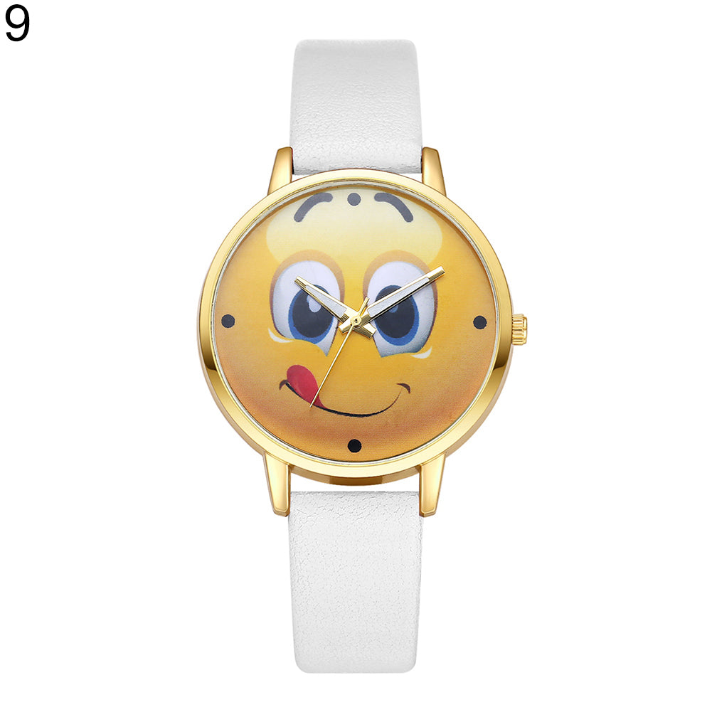 Lady Stylish Lovely Greedy Face Emoji Faux Leather Band Analog Wrist Watch