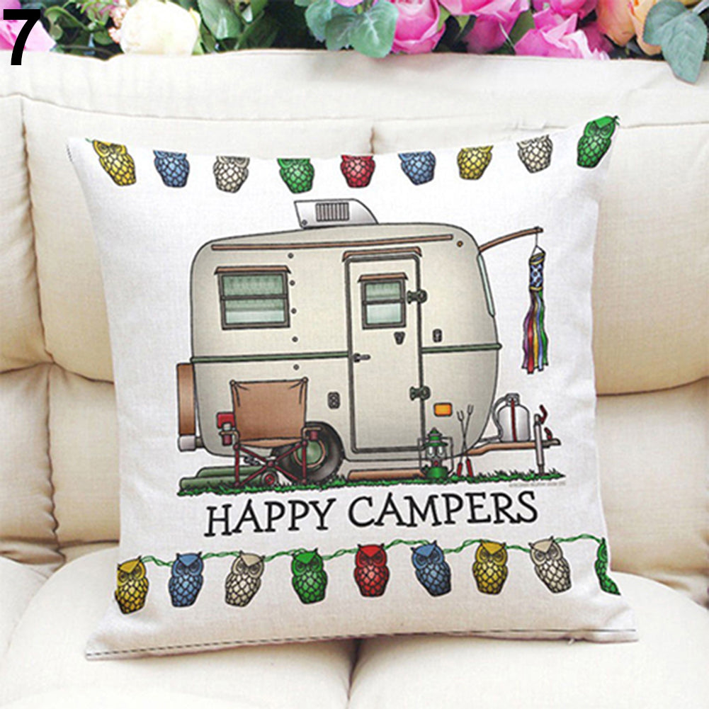Happy Campers Soft Linen Pillow Sofa Case Waist Throw Cushion Cover Home Decor