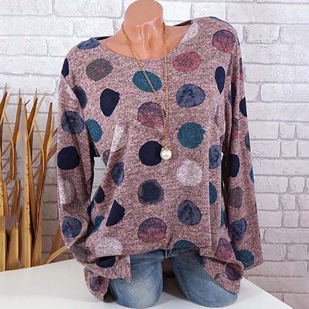 Fashion Dot Printed Round Neck Long Sleeve Women Casual Pullover T-shirt Top