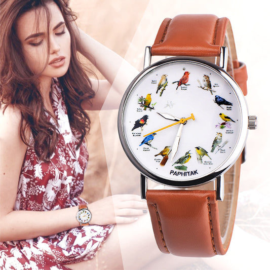Fashion Birds Animal Round Dial Quartz Analog Women Date Shopping Wrist Watch
