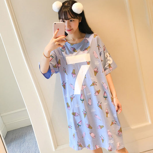 Women Cotton Short Sleeve O Neck Ice Cream Pattern Night Dress Night Sleepwear
