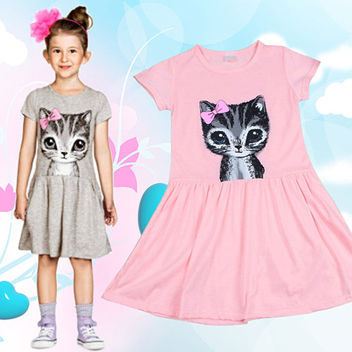 Kids Girls Fashion Summer Short Sleeve Cute Cat Bowknot Dress O-Neck Dress