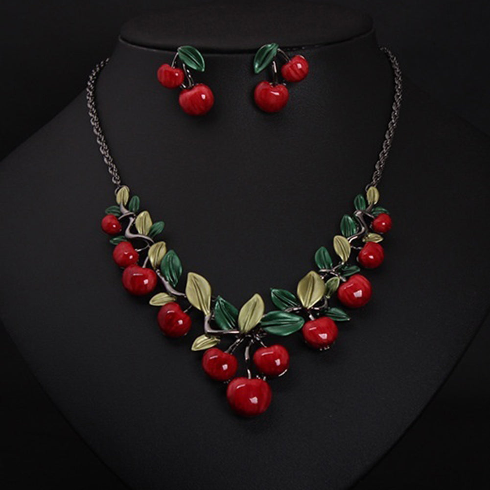 1 Set Vintage Red Cherry Fruit Jewelry Set Chic Bridal Necklace Earrings