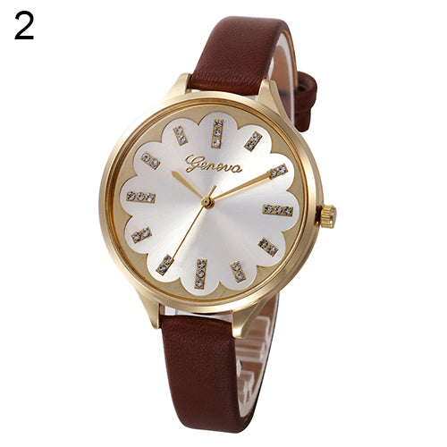 Hot Women Flower Dial Rhinestone Geneva Wristwatch Slim Faux Leather Band Watch