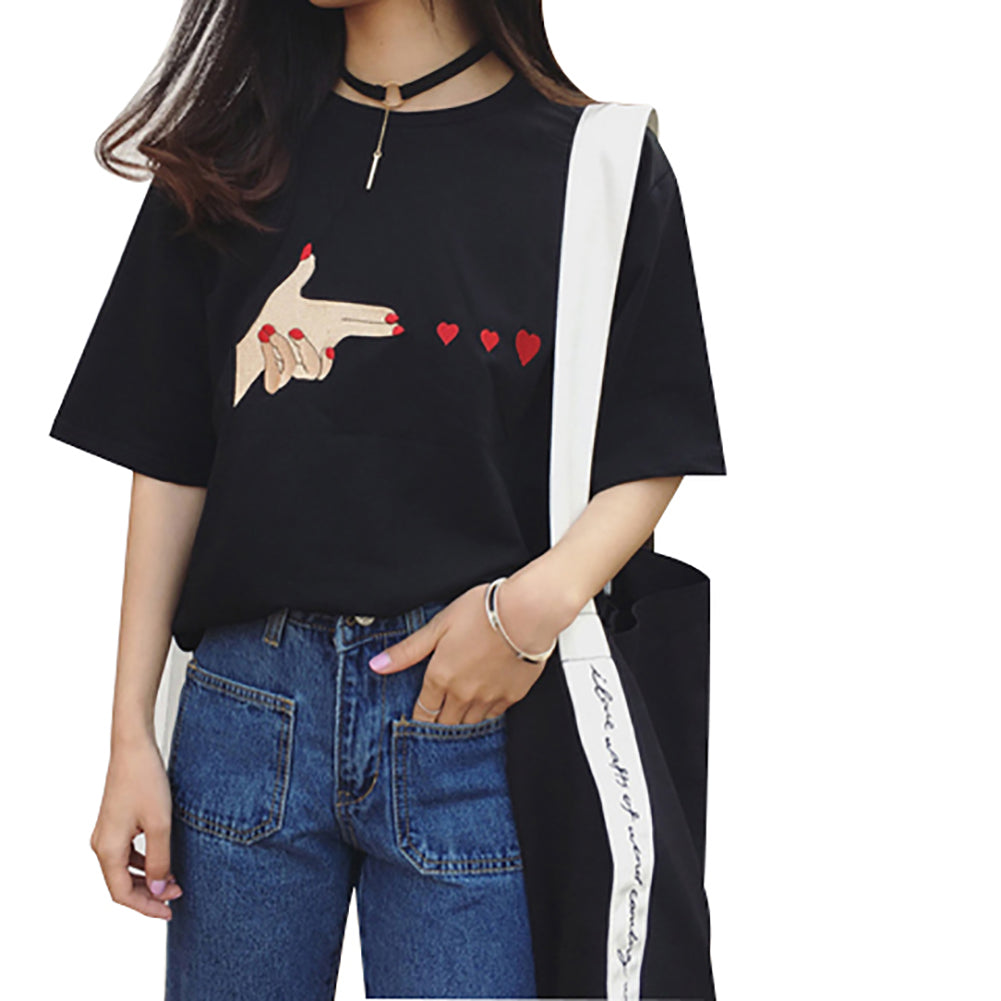 Women Summer Fashion Causal Finger Heart Hand Short Sleeves T-shirts Blouse