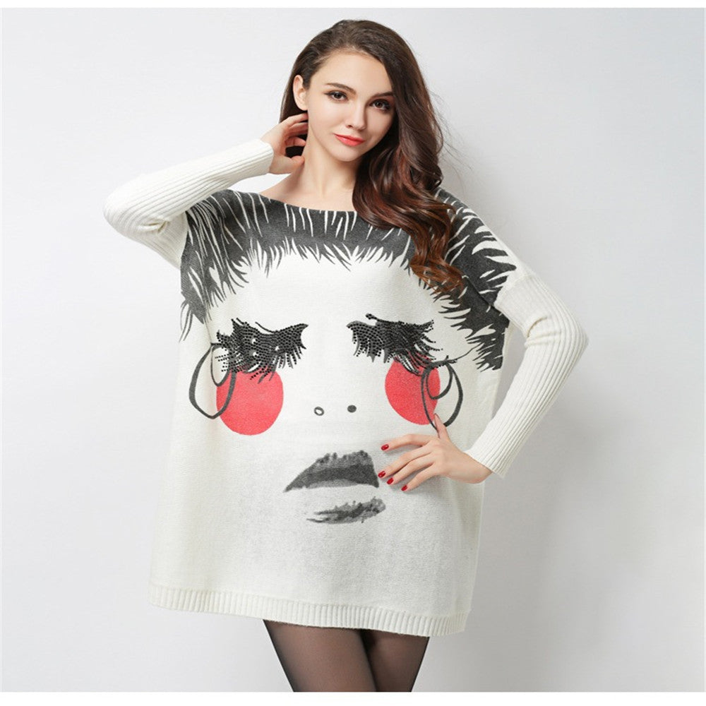 Fashion women's sweater long design top dress High quality loose basic sweater women cartoon print pullover HX06