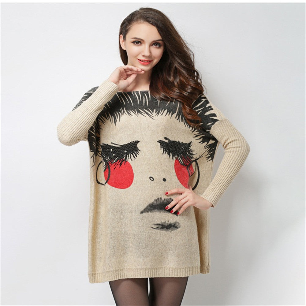 Fashion women's sweater long design top dress High quality loose basic sweater women cartoon print pullover HX06