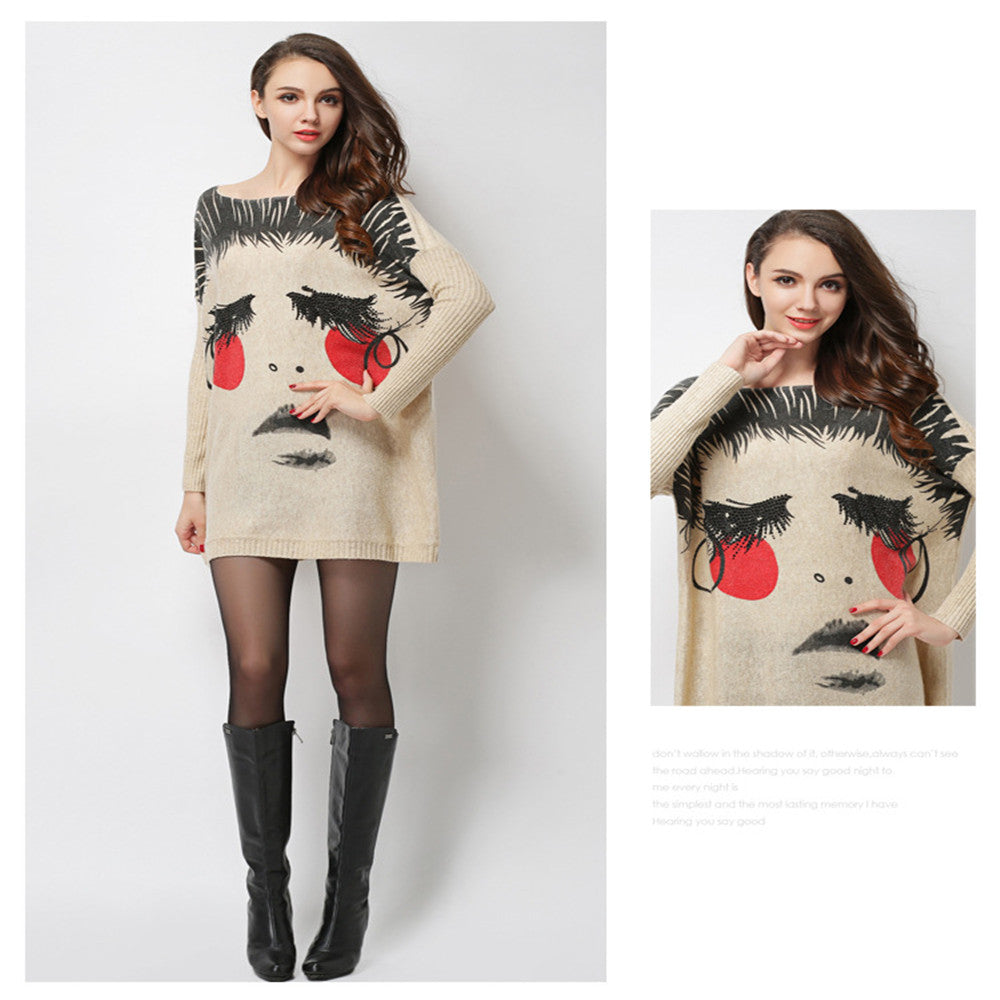 Fashion women's sweater long design top dress High quality loose basic sweater women cartoon print pullover HX06