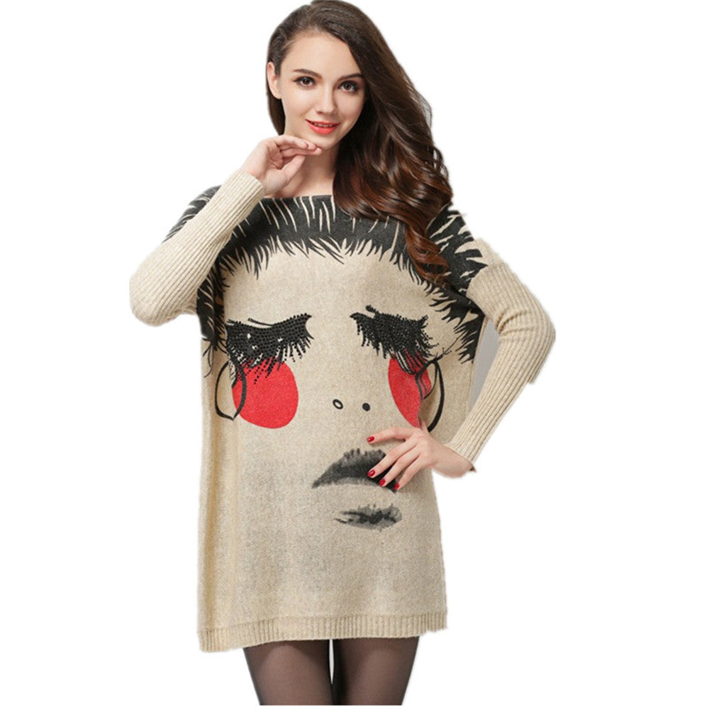 Fashion women's sweater long design top dress High quality loose basic sweater women cartoon print pullover HX06