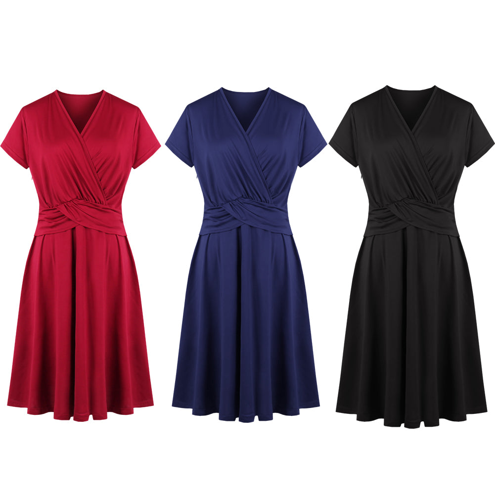 Fashion Women V-Neck Casual Ruched Waist Evening Party Cocktail Swing Dress