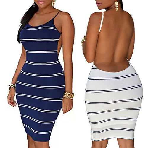 Women's Fashion Backless Stripe Pattern Sleeveless Sexy Dress Pencil Skirt