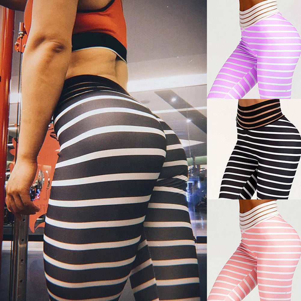 Fashion Stripe Elastic Women's Gym Fitness Workout Yoga Pencil Pants Leggings