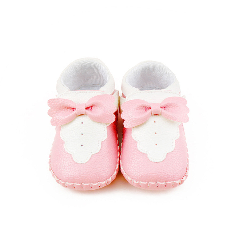 Two Colors Patchwork Bow PU Leather Hook  Loop Shallow Infant Toddlers Baby Girl Shoes For 0-18 Months