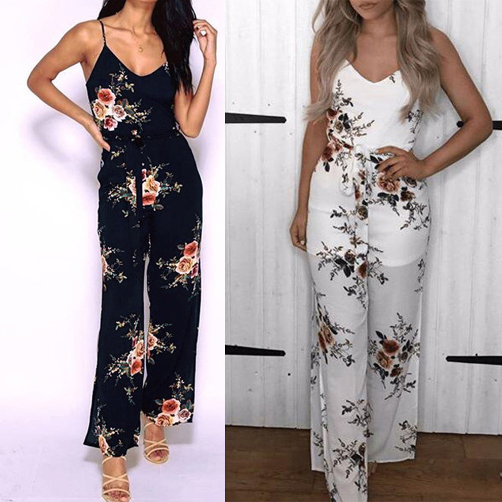 Women Sexy Long Pants Sleeveless Spaghetti Strap Jumpsuit Romper With Belt