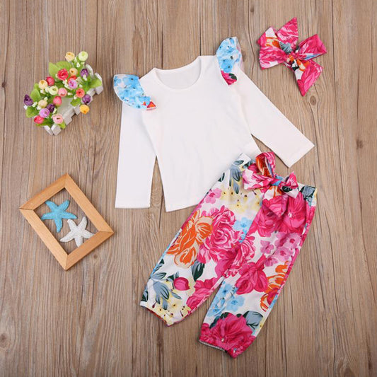 Newborn Baby Girl 3 Pcs Outfit Flower T-shirt Floral Pants Bowknot Hairband Set
