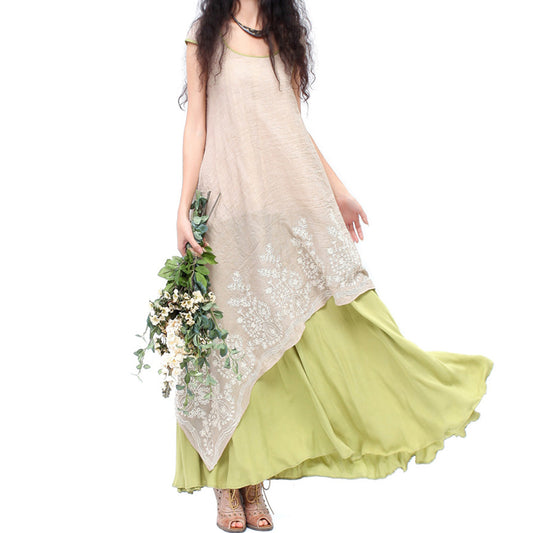 Women Fashion Cotton Linen Embroidery Irregular Fake Two Pieces Long Shirt Dress
