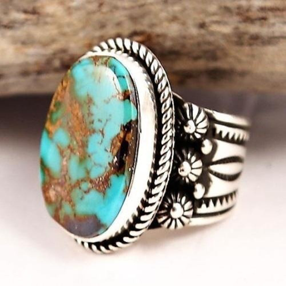 Retro Women Turquoise Artificial Gemstone Floral Ring Party Jewelry Finger Decor