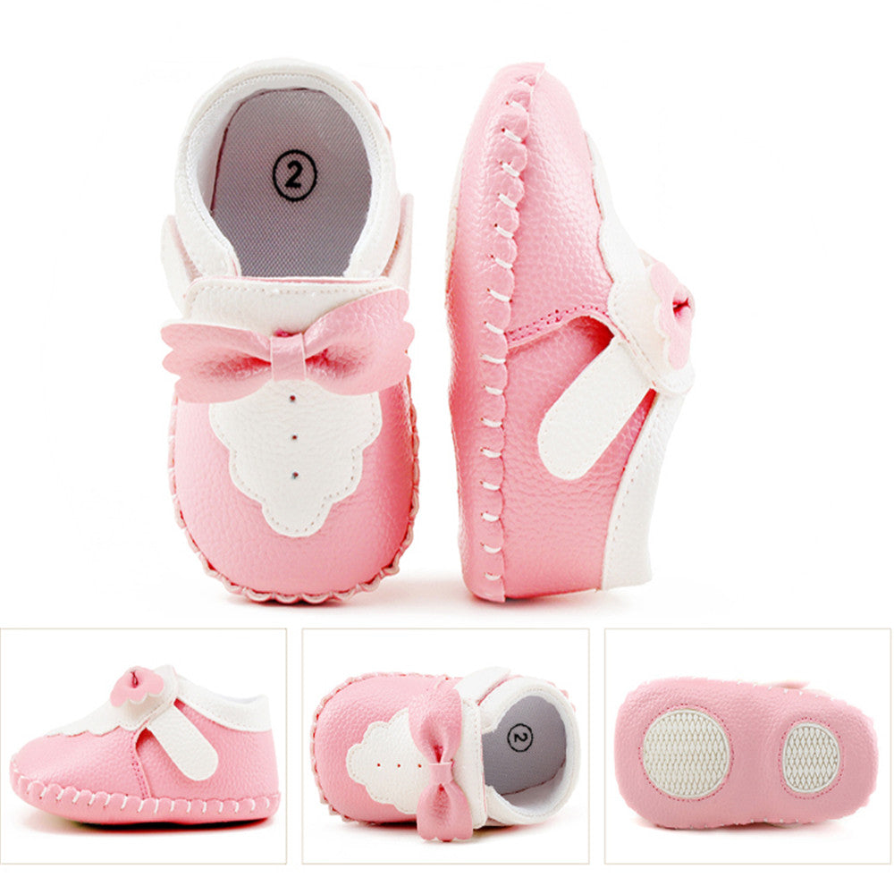 Two Colors Patchwork Bow PU Leather Hook  Loop Shallow Infant Toddlers Baby Girl Shoes For 0-18 Months