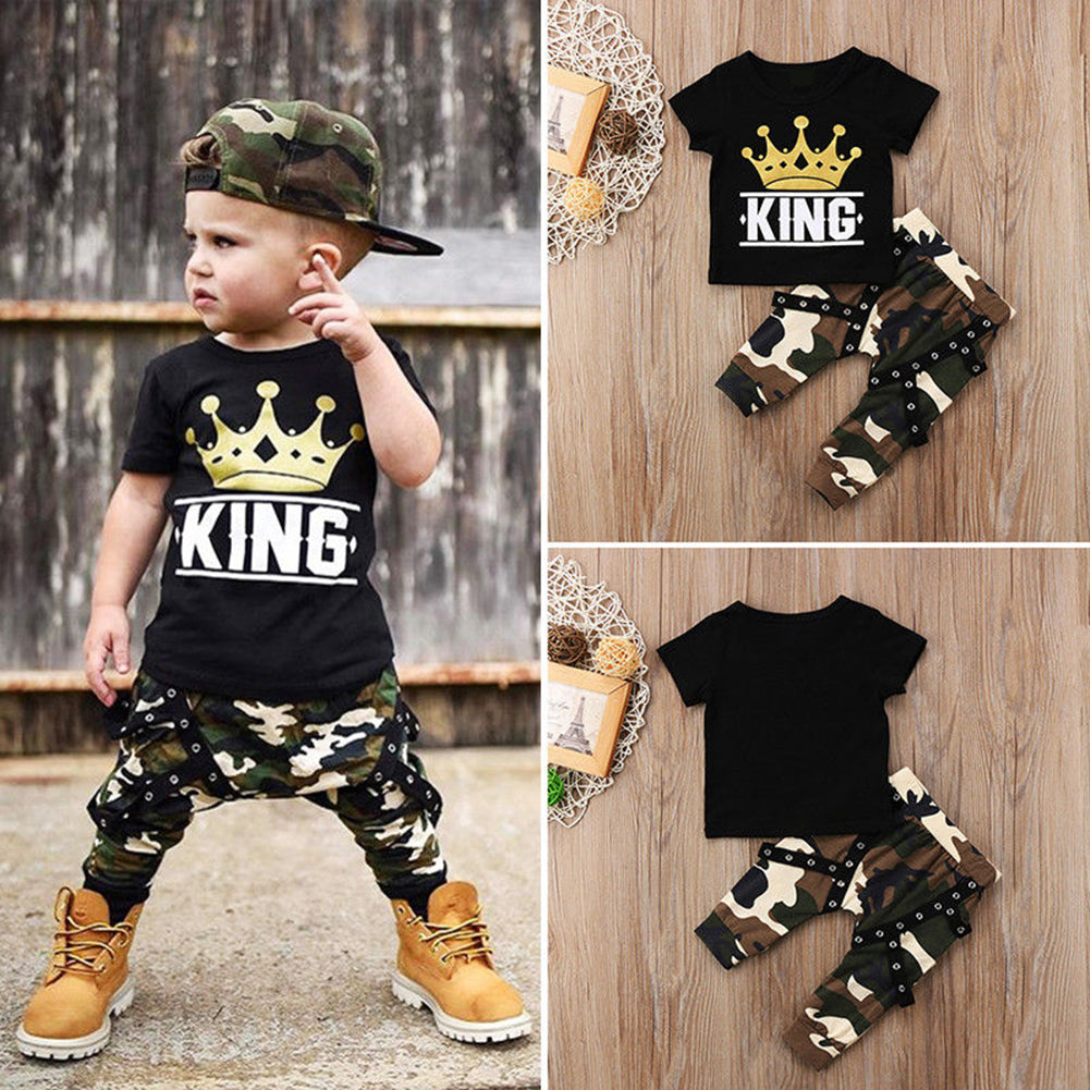 Newborn Kids Baby Boys King Crown Print T-Shirt Top Camo Pants Summer Outfit Set