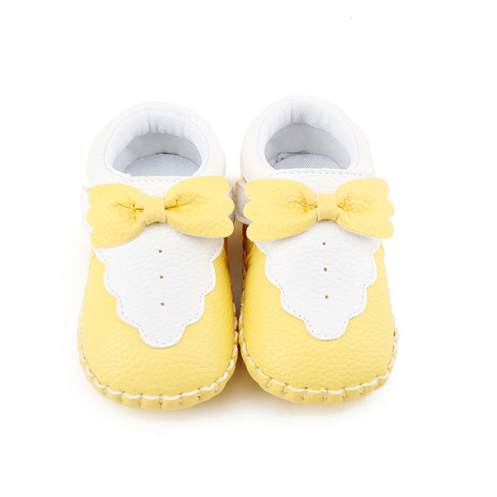 Two Colors Patchwork Bow PU Leather Hook  Loop Shallow Infant Toddlers Baby Girl Shoes For 0-18 Months