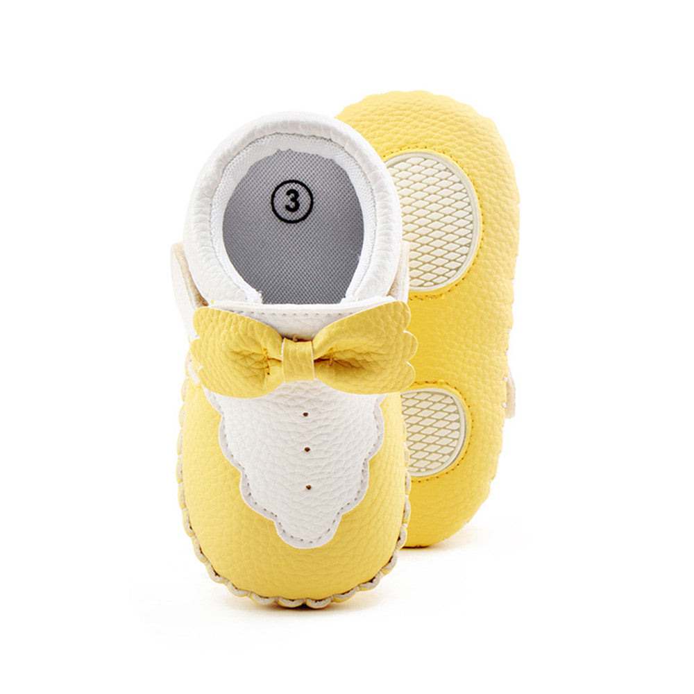 Two Colors Patchwork Bow PU Leather Hook  Loop Shallow Infant Toddlers Baby Girl Shoes For 0-18 Months