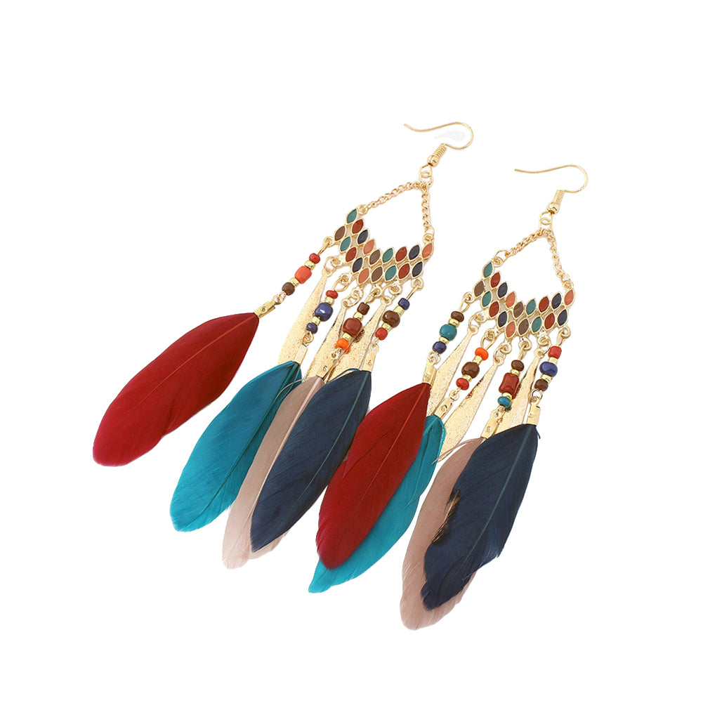 Women Feather Dangle Bohemian Ethnic Tassels Beads Drop Hook Earrings Jewelry