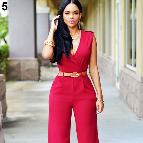 Women's Fashion Casual Deep V-Neck Sleeveless Wide Leg Jumpsuit Romper with Belt