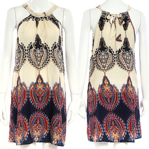 Women's Fashion Printed Dress Summer Sleeveless Shirt Back Lace Up Tops Blouse