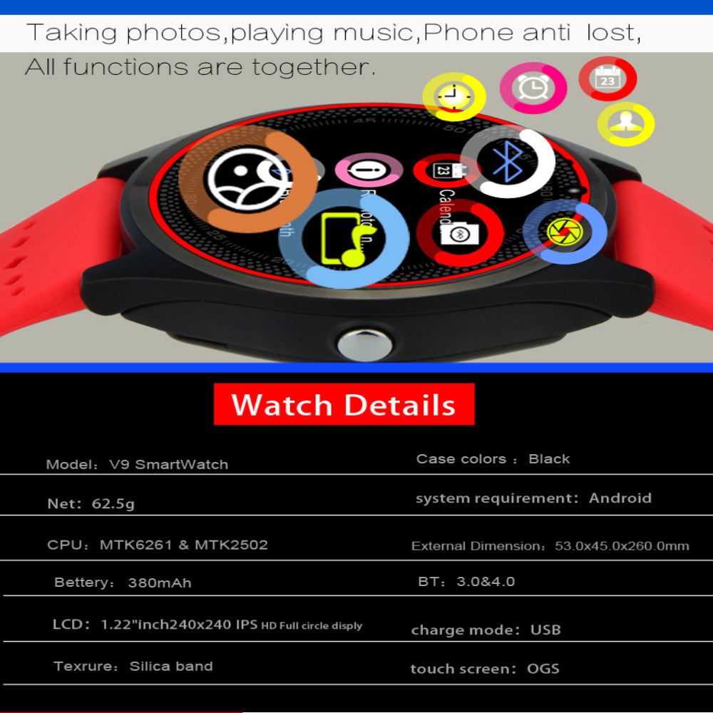 Bluetooth Smart Watch V9 With Camera Smartwatch Pedometer Health Sport MP3 Clock Hours Men Women Smartwatch For Android