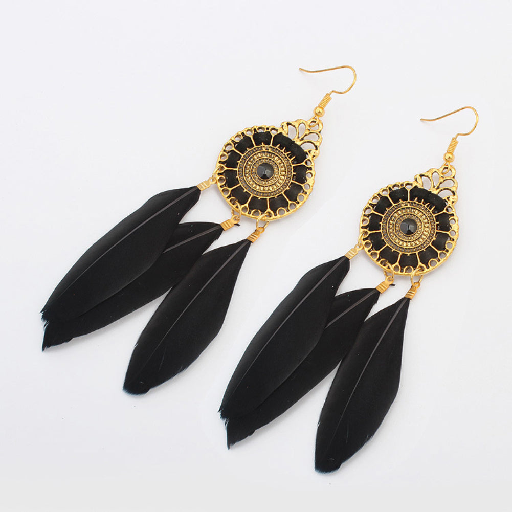 Vintage Women Long Feather Round Hollow Circle Hook Earrings Party Jewelry Gift