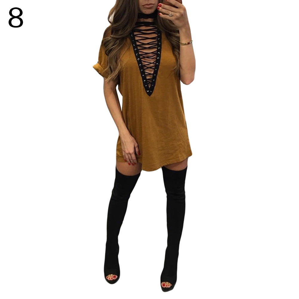 Lady Sexy Cross Lace Up V Neck Casual Short Sleeve Choker T-Shirt Top Dress
