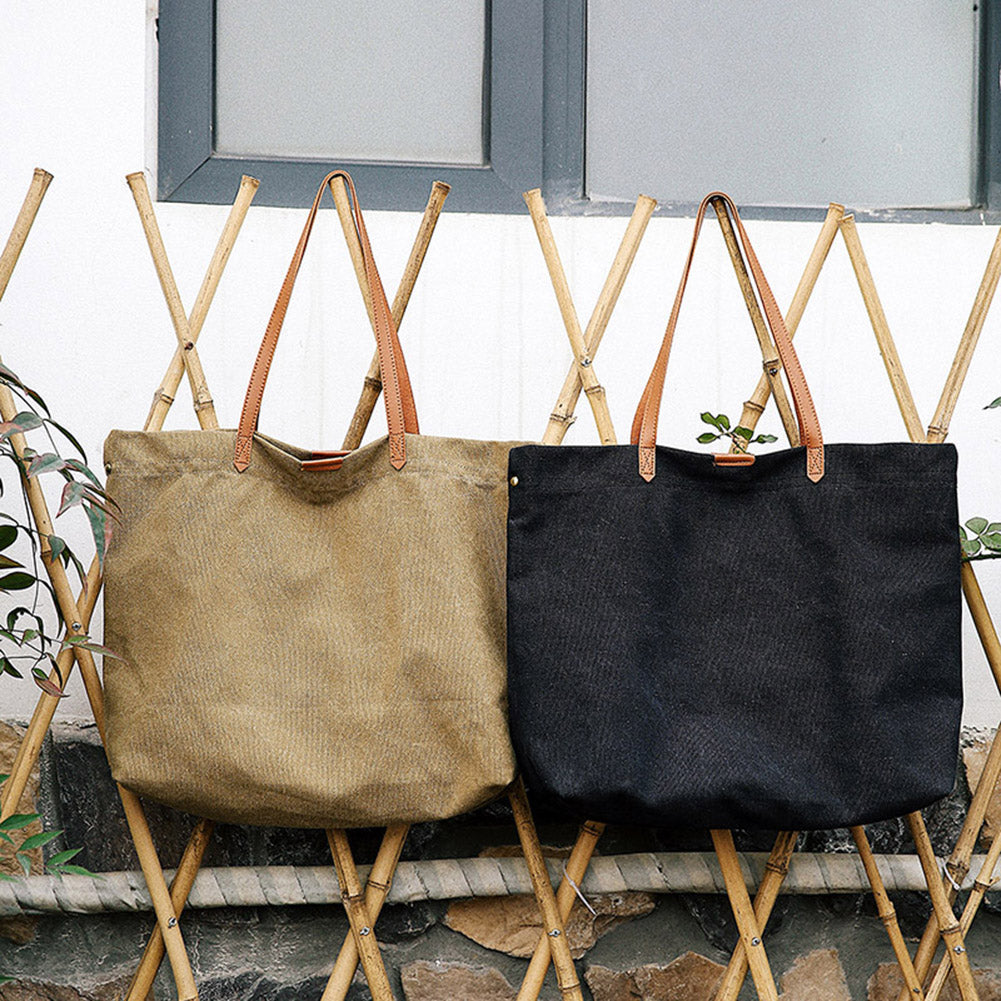 Faux Leather Strap Canvas Bag Shopping Travel Large Capacity Shoulder Handbag